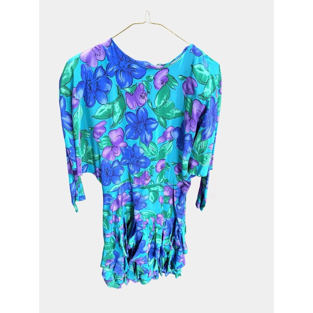VTG 100% Silk Floral Dress Sz 14 Teal Blue Purple Belted 80s 90s Spenser Jeremy